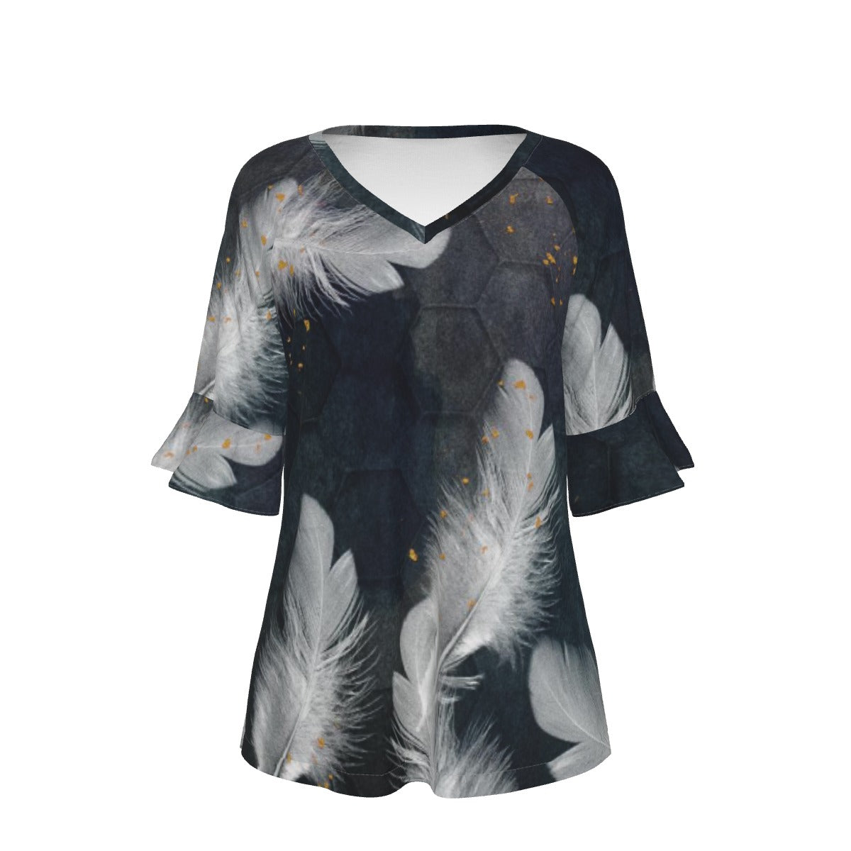 All-Over Print V-neck Women's T-shirt With Bell Sleeve