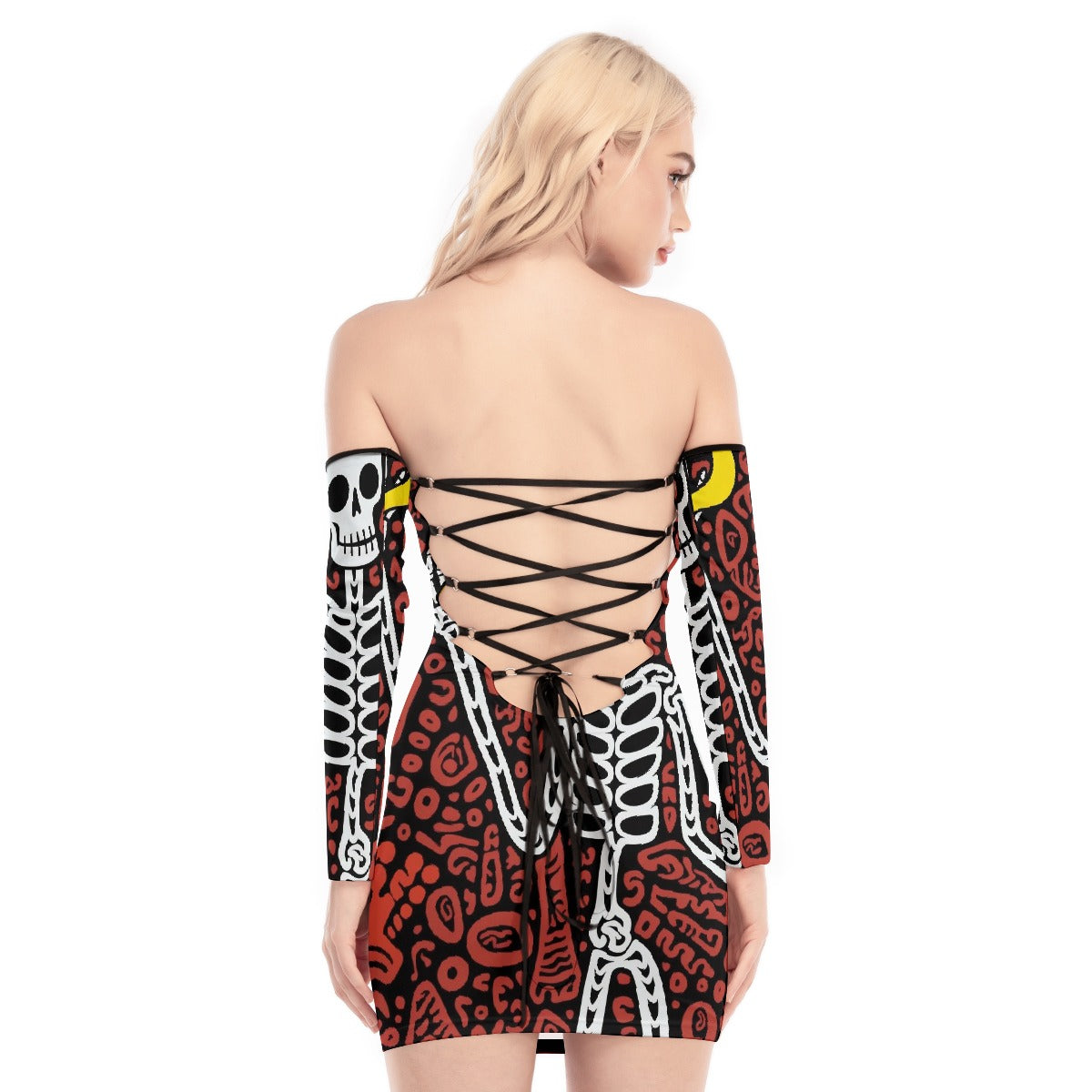 All-Over Print Women's Off-shoulder Back Lace-up Dress