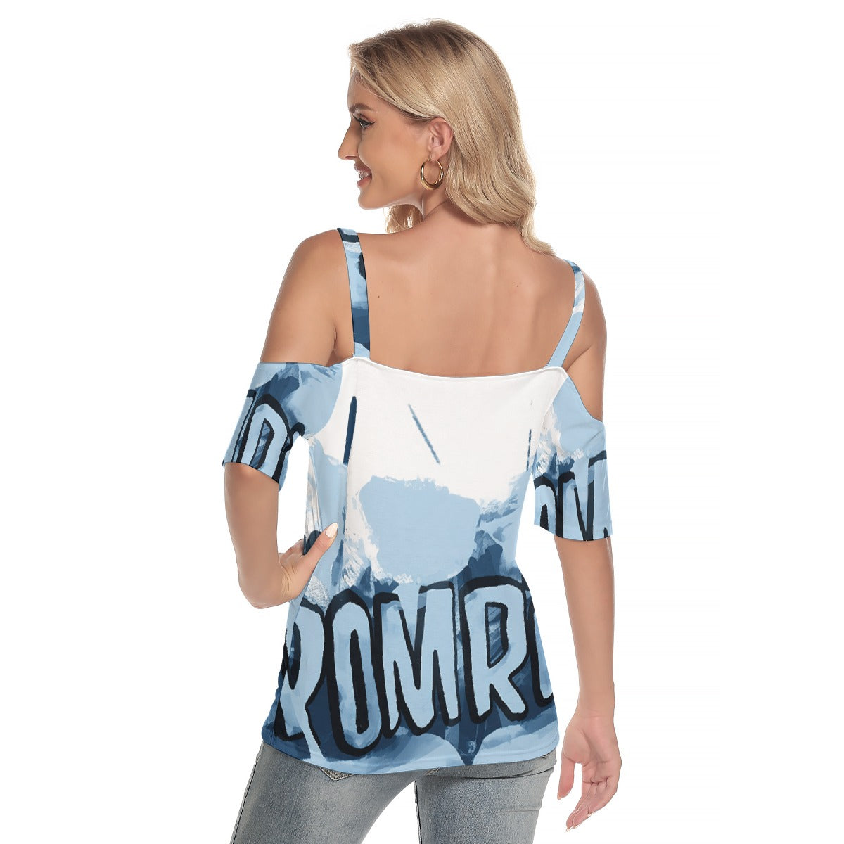 All-Over Print Women's Cold Shoulder T-shirt With Criss Cross Strips