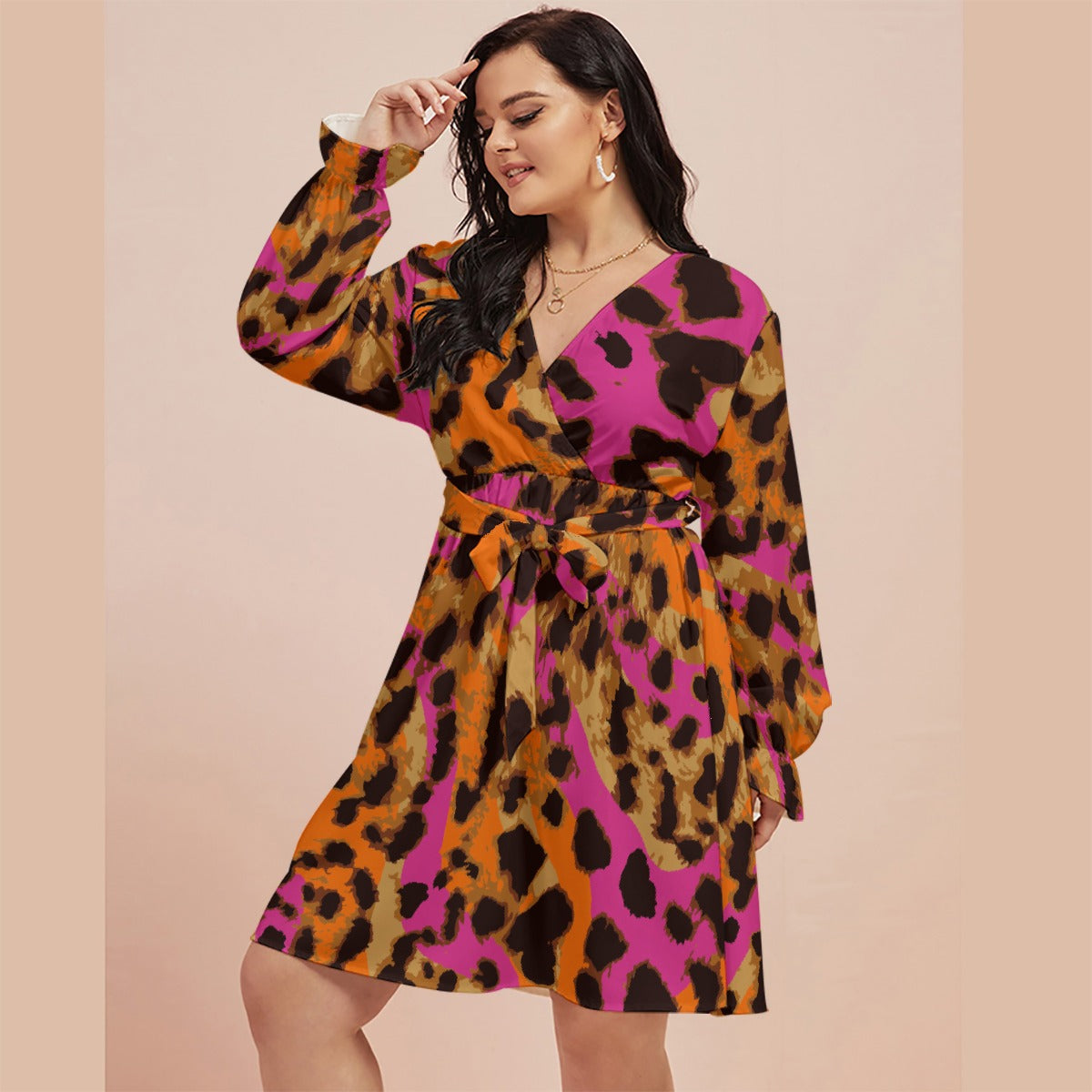 All-Over Print Women's V-neck Dress With Waistband(Plus Size)