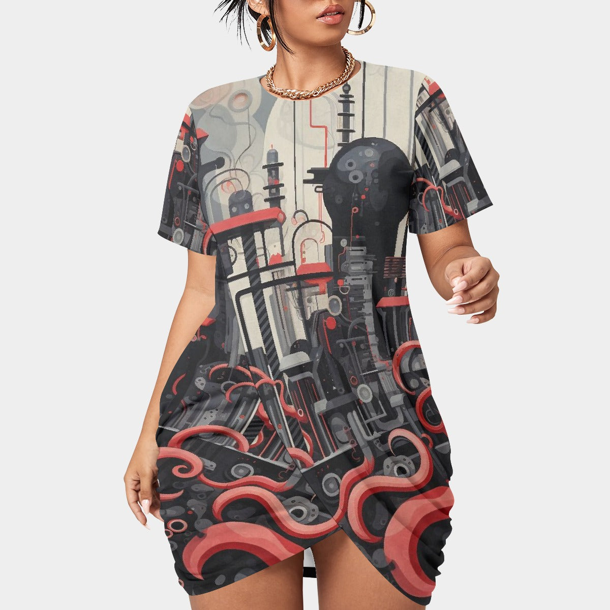 All-Over Print Women’s Stacked Hem Dress With Short Sleeve（Plus Size）