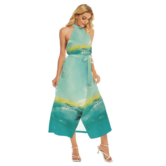 All-Over Print Women's Wrap Hem Belted Halter Dress