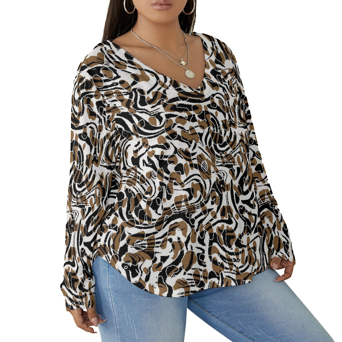 All-Over Print Women's V-neck T-shirt With Curved Hem(Plus Size)