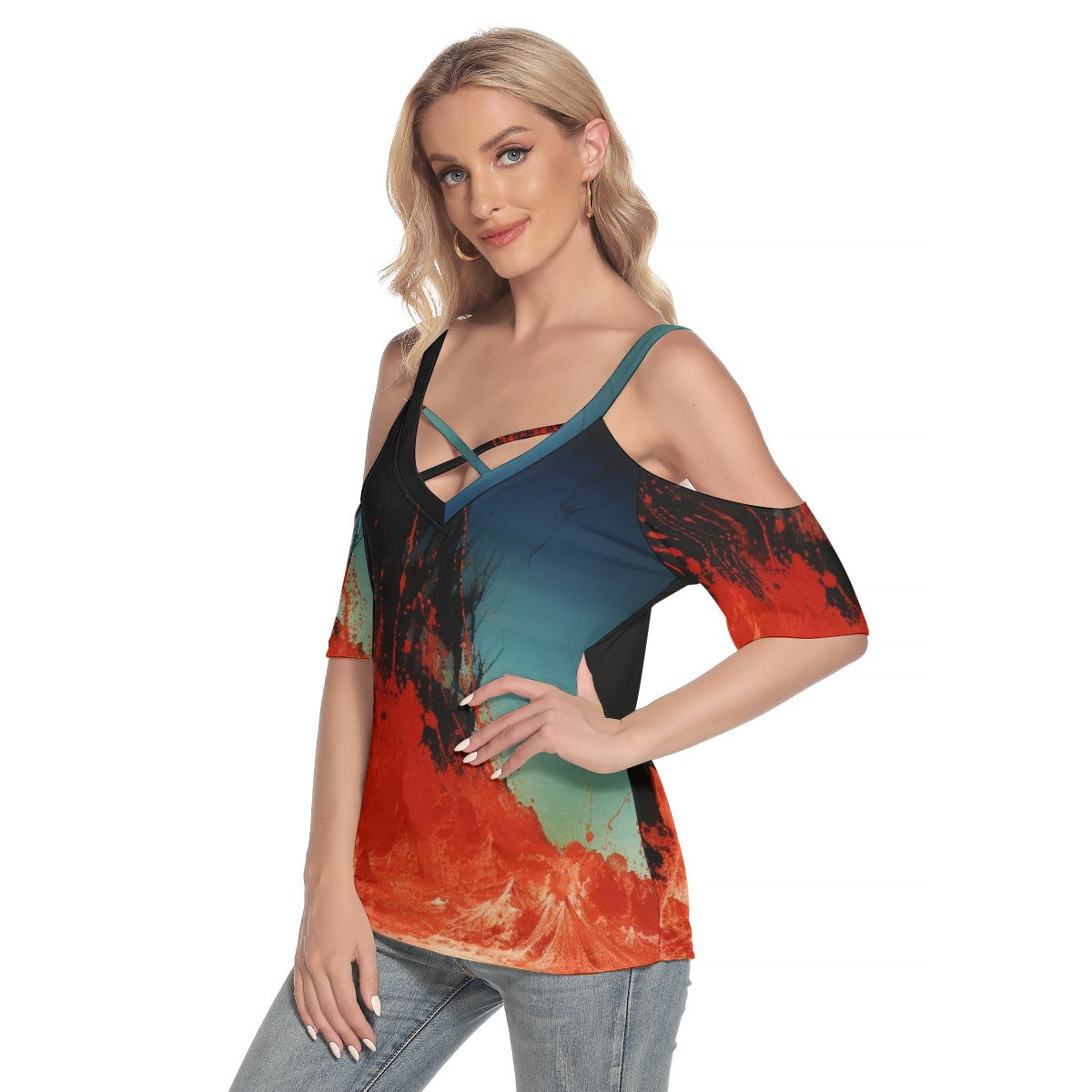 All-Over Print Women's Cold Shoulder T-shirt With Criss Cross Strips