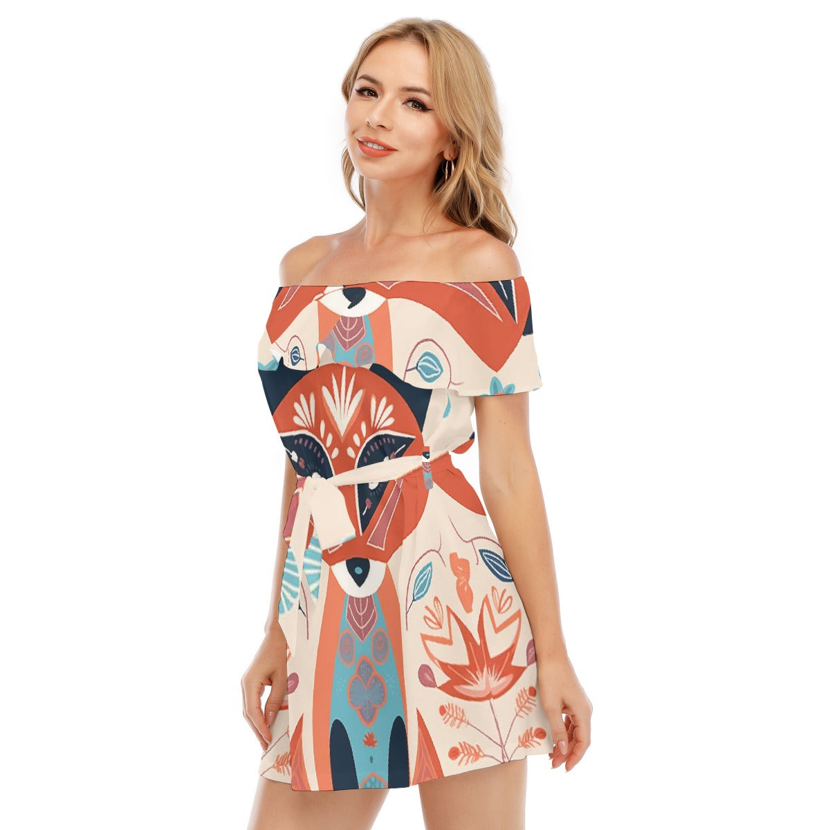 All-Over Print Women's Off-shoulder Dress With Ruffle