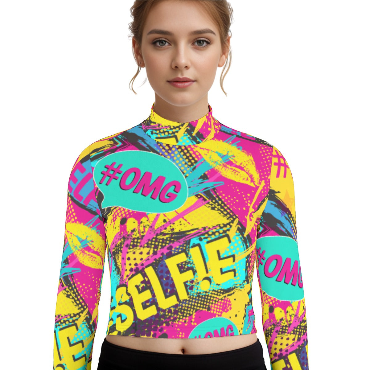 Eco-Friendly All-Over Print Women's Turtleneck T-shirt With Long Sleeve