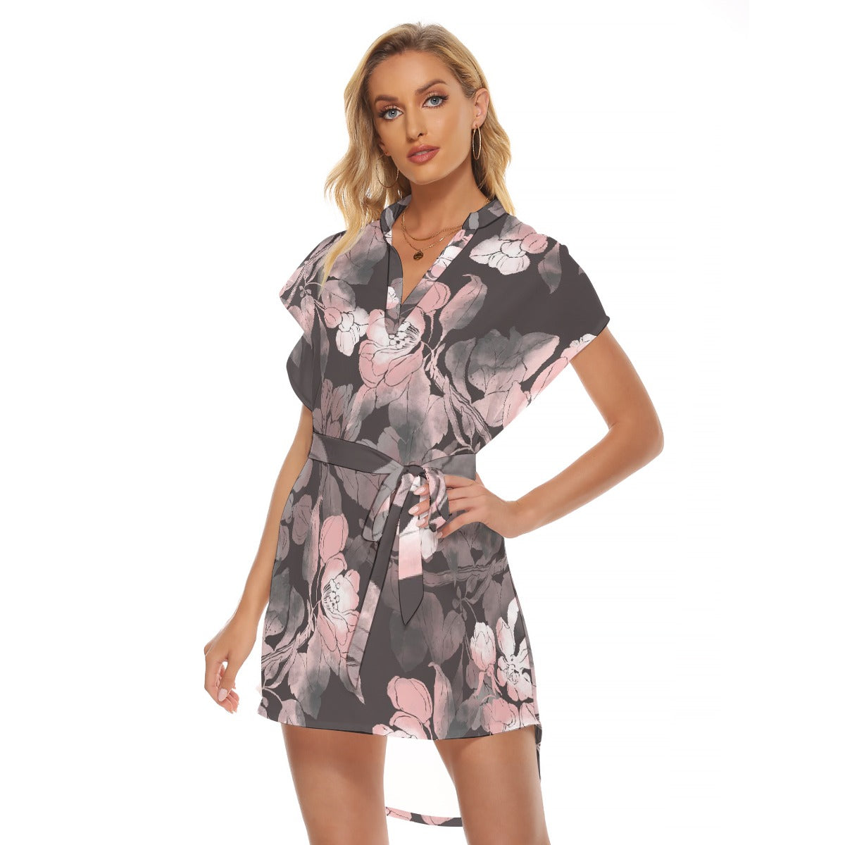 All-Over Print Women's Stand-up Collar Casual Dress With Belt