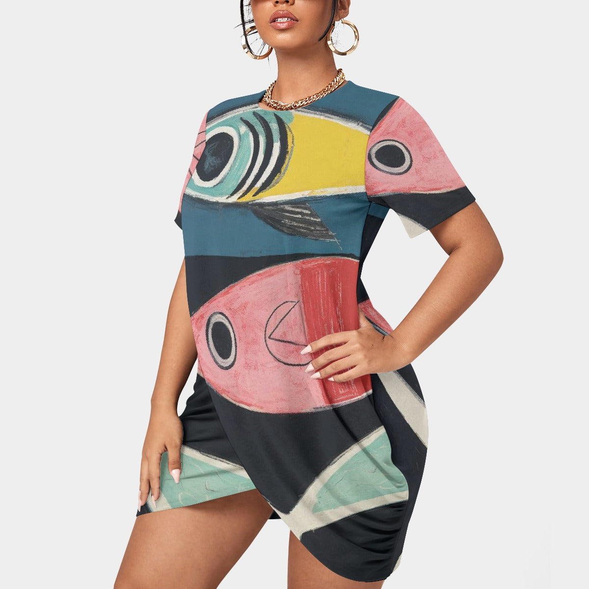 All-Over Print Women’s Stacked Hem Dress With Short Sleeve（Plus Size）