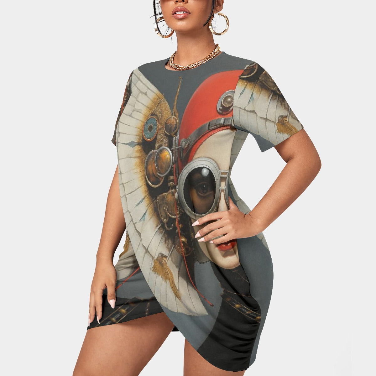 All-Over Print Women’s Stacked Hem Dress With Short Sleeve（Plus Size）