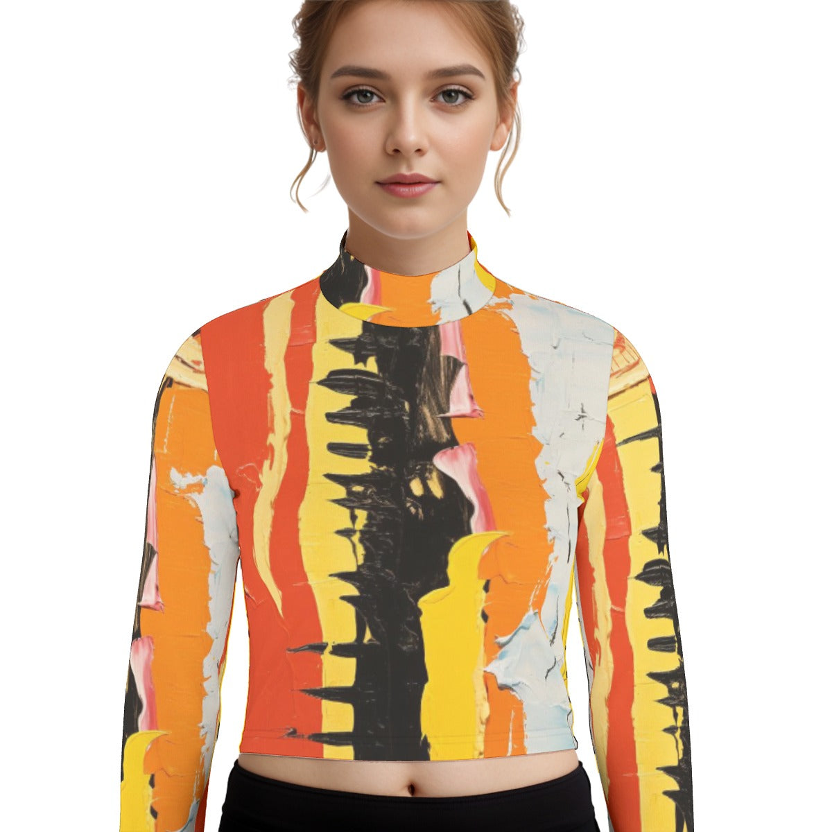 Eco-Friendly All-Over Print Women's Turtleneck T-shirt With Long Sleeve