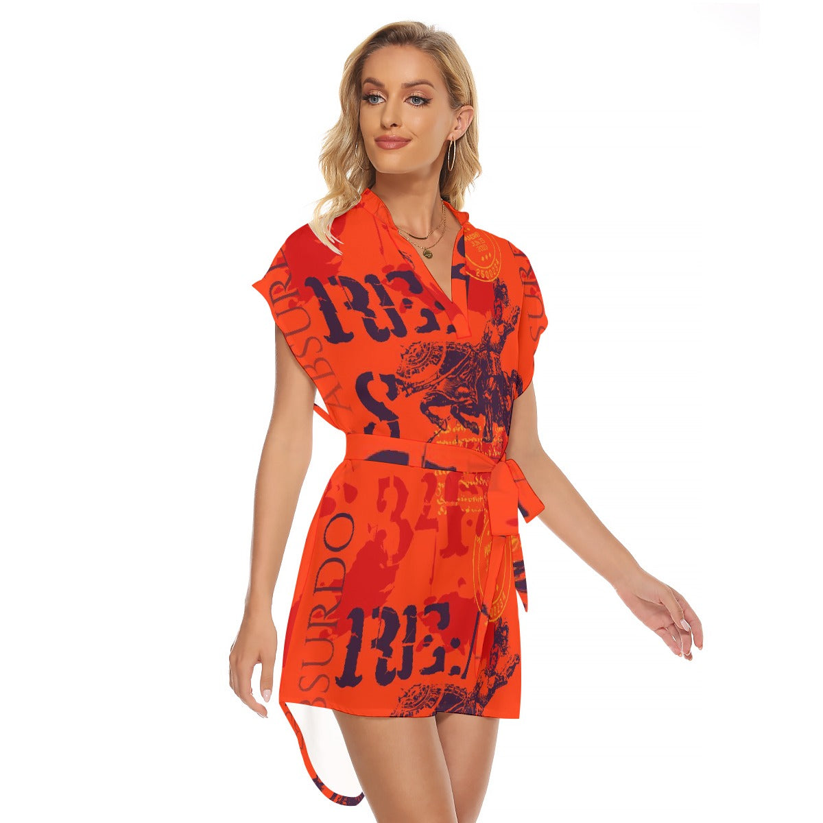 All-Over Print Women's Stand-up Collar Casual Dress With Belt