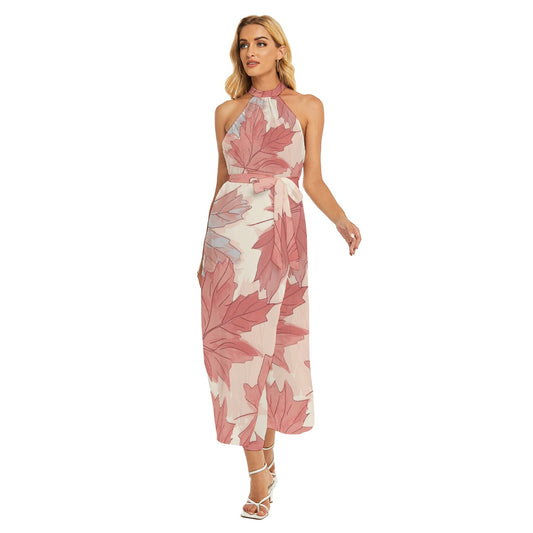 All-Over Print Women's Wrap Hem Belted Halter Dress