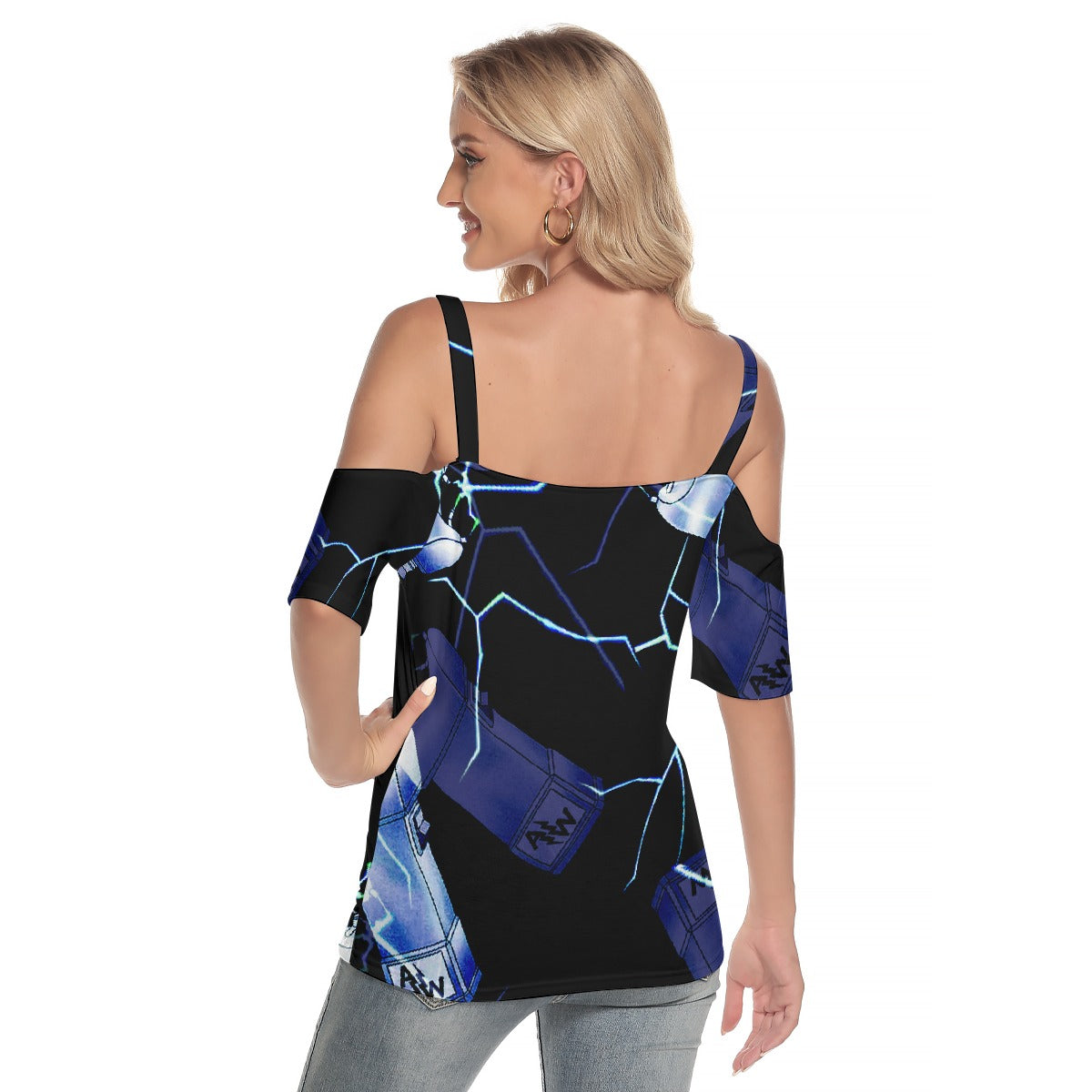 All-Over Print Women's Cold Shoulder T-shirt With Criss Cross Strips