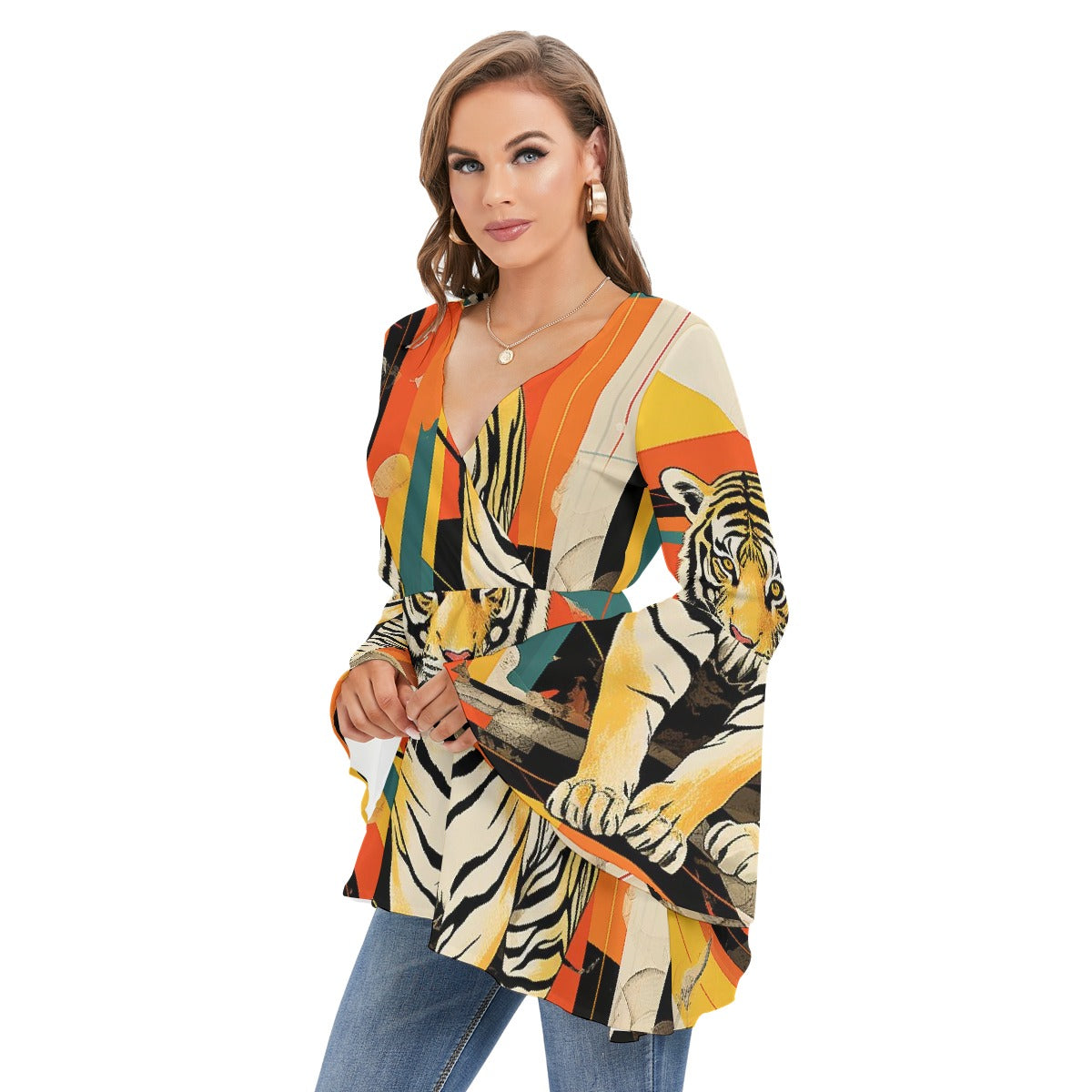 All-Over Print Women's V-neck Blouse With Flared Sleeves