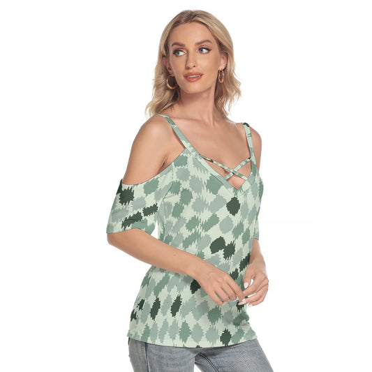 All-Over Print Women's Cold Shoulder T-shirt With Criss Cross Strips