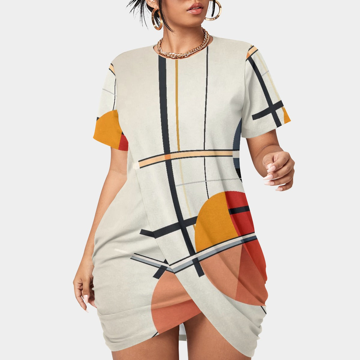 All-Over Print Women’s Stacked Hem Dress With Short Sleeve（Plus Size）