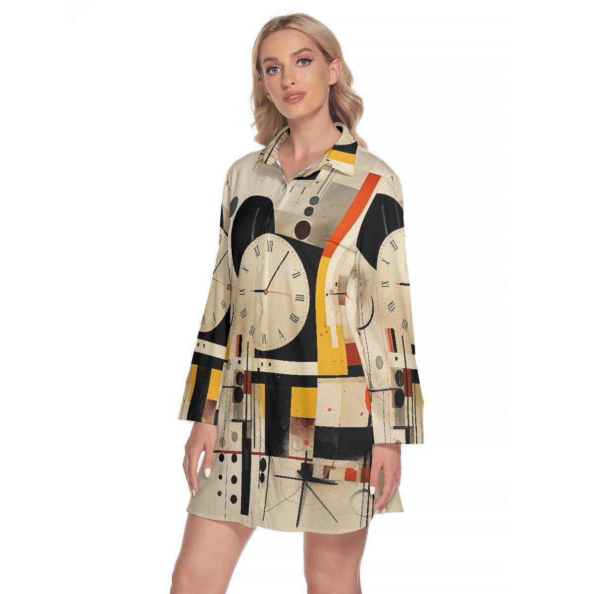 All-Over Print Women's Lapel Shirt Dress With Long Sleeve