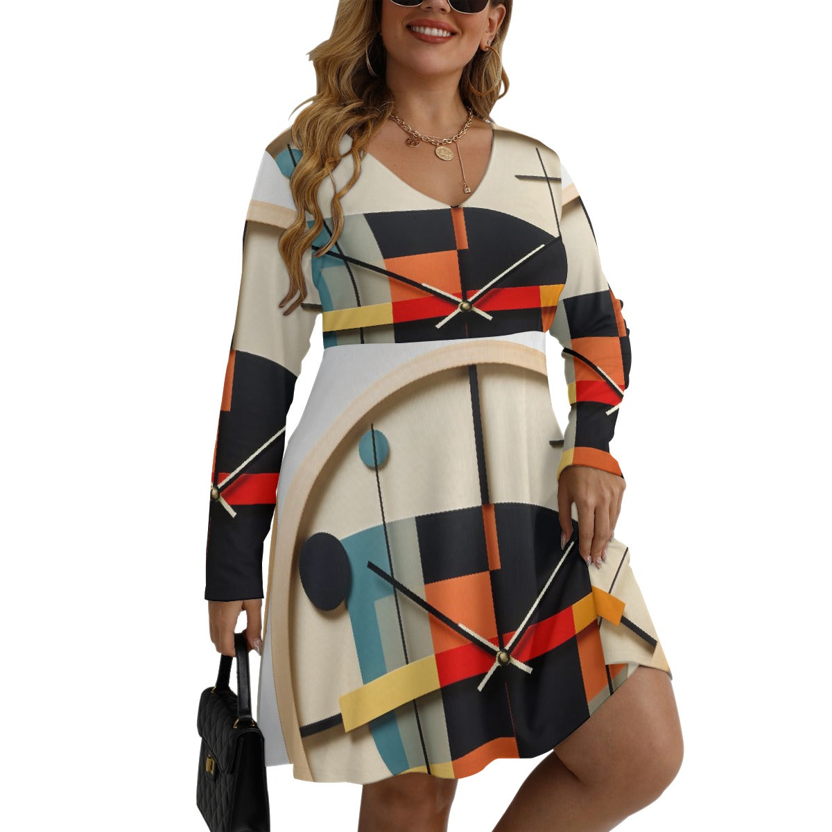 All-Over Print Women's V-neck Long Sleeve Dress(Plus Size)