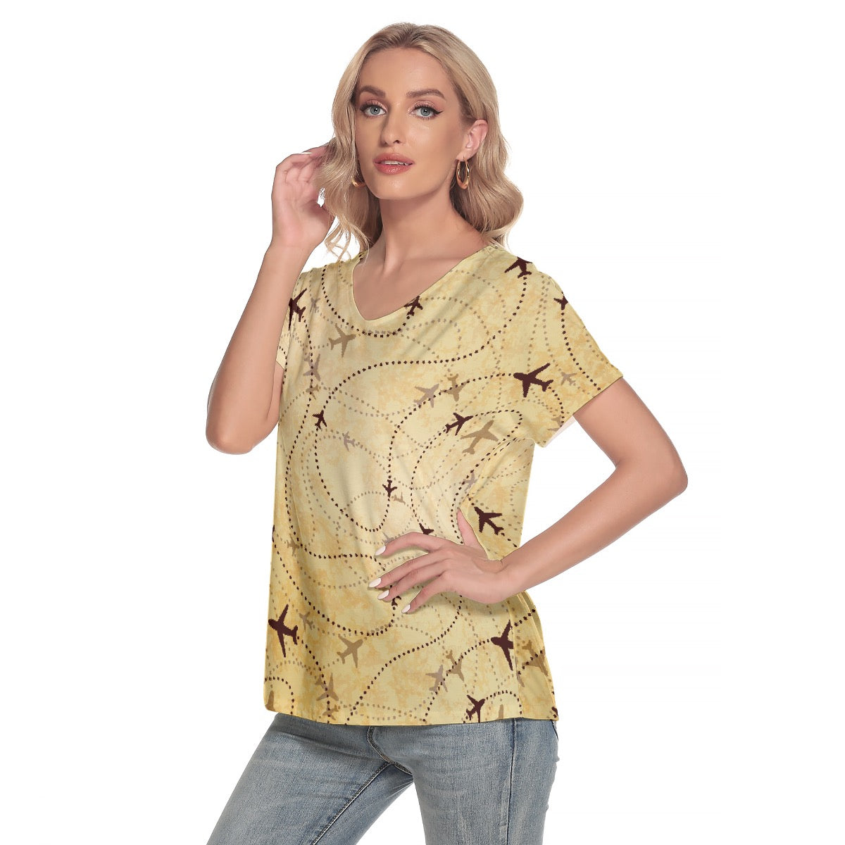 All-Over Print Women's Loose V-neck Short Sleeve T-shirt