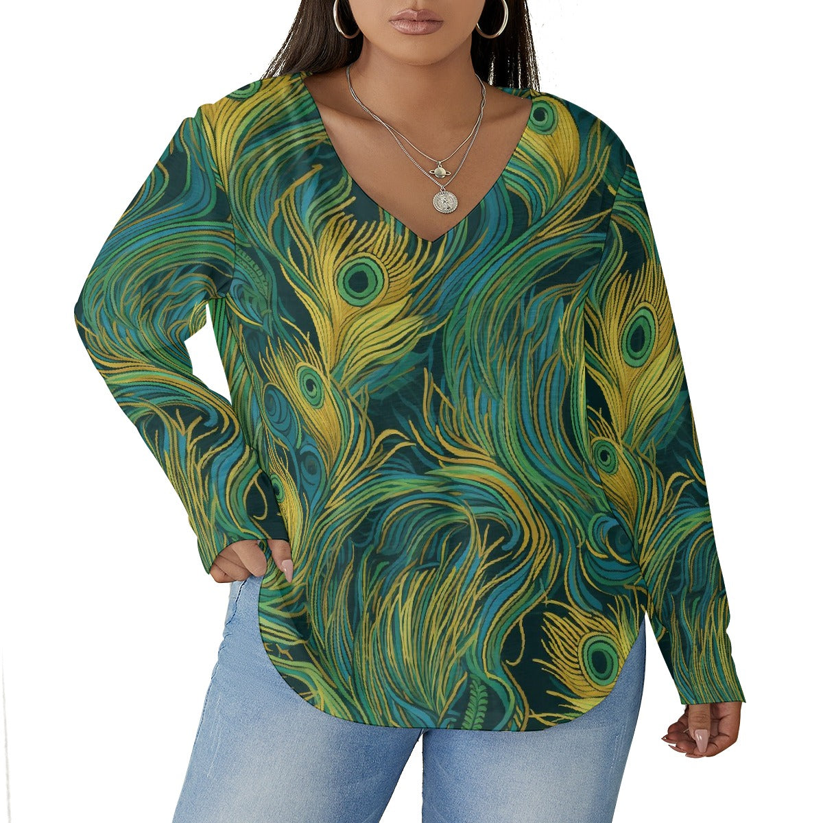 All-Over Print Women's V-neck T-shirt With Curved Hem(Plus Size)