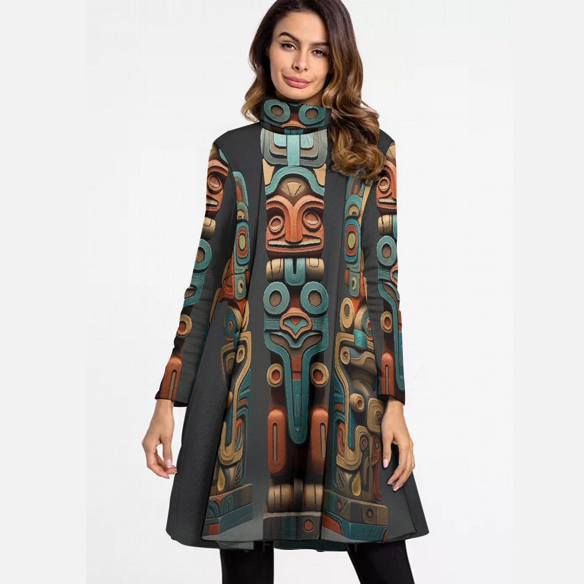 All-Over Print Women's High Neck Dress With Long Sleeve