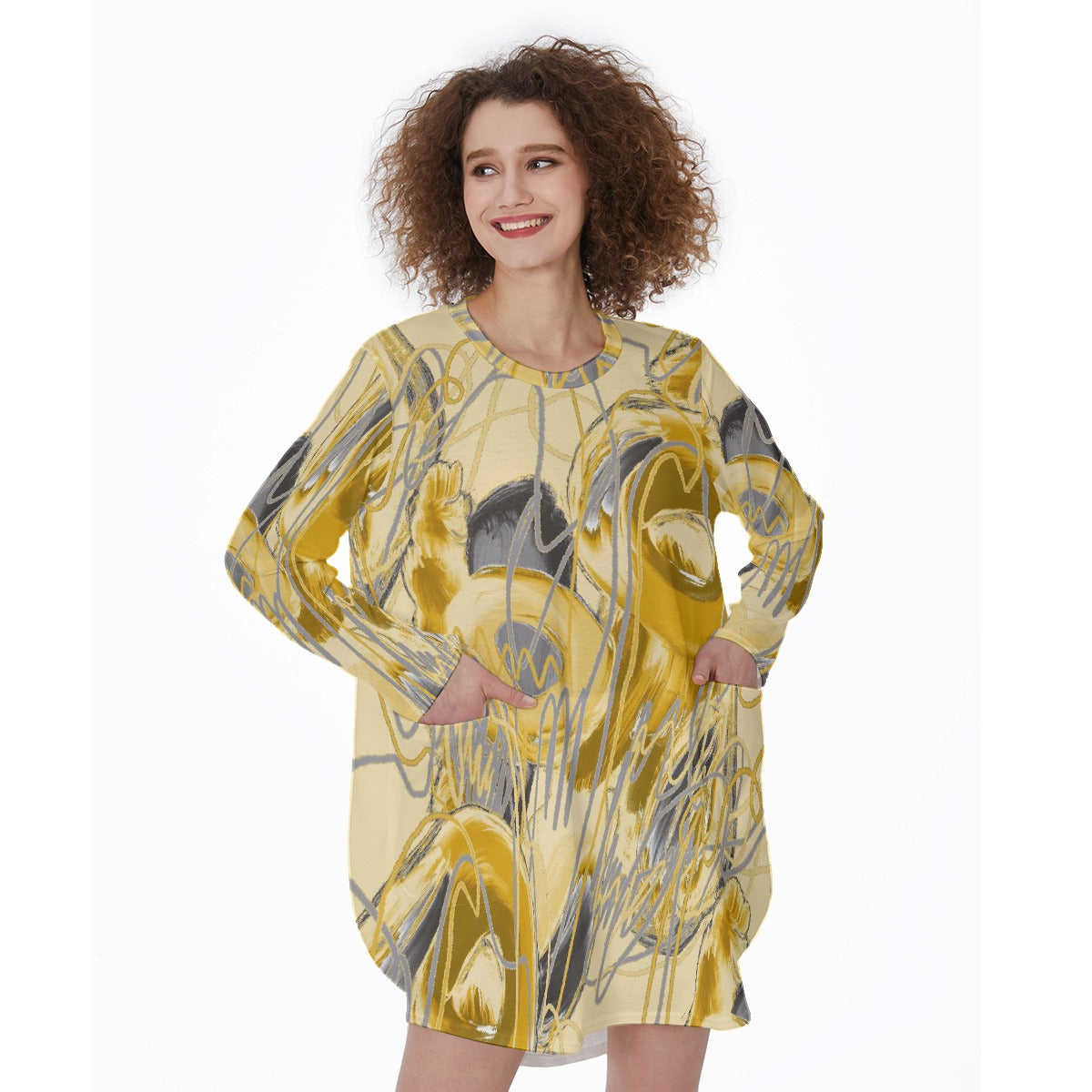 All-Over Print Women's Casual Loose Long Sleeve Dress With Pocket