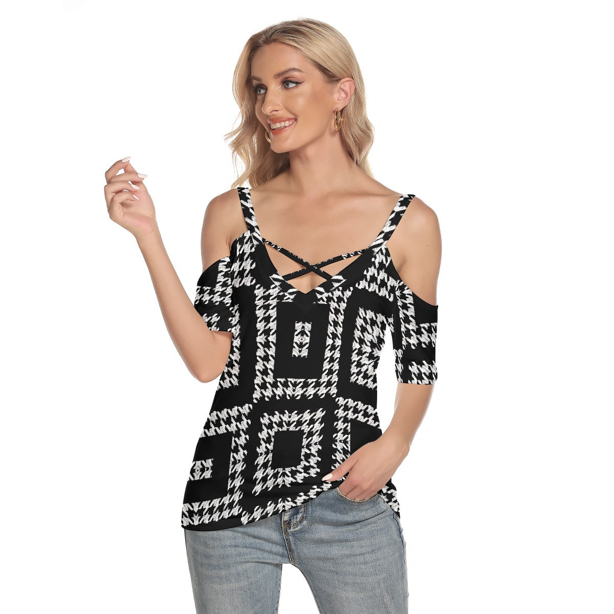 All-Over Print Women's Cold Shoulder T-shirt With Criss Cross Strips