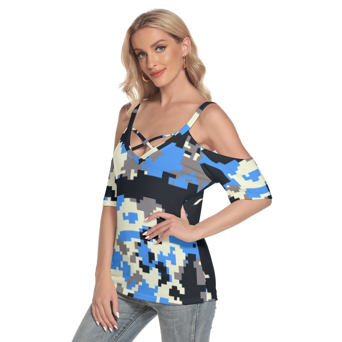 All-Over Print Women's Cold Shoulder T-shirt With Criss Cross Strips