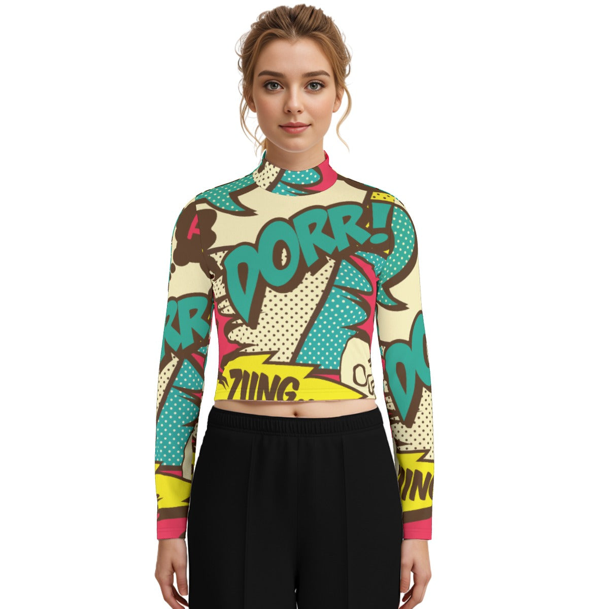 Eco-Friendly All-Over Print Women's Turtleneck T-shirt With Long Sleeve