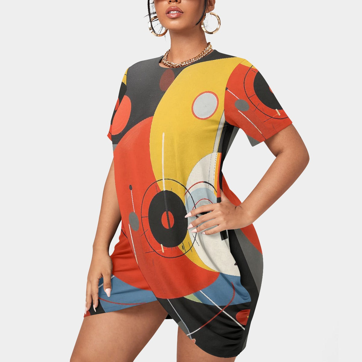 All-Over Print Women’s Stacked Hem Dress With Short Sleeve（Plus Size）