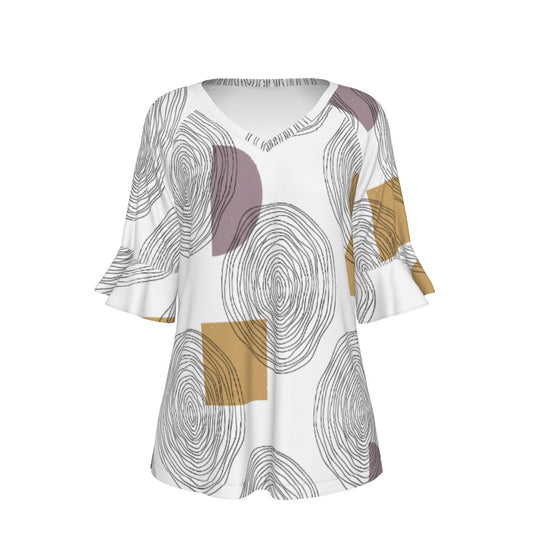 All-Over Print V-neck Women's T-shirt With Bell Sleeve