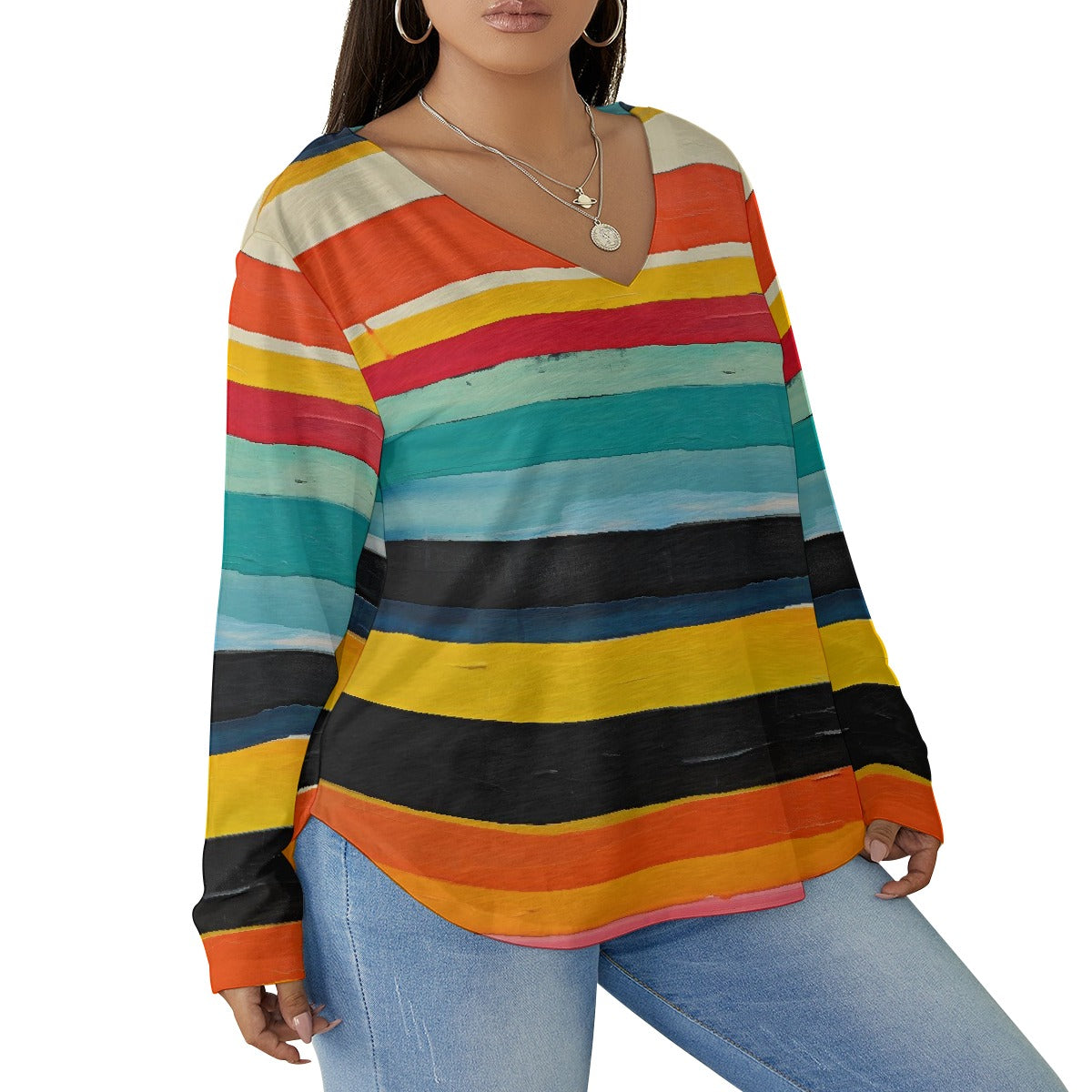 All-Over Print Women's V-neck T-shirt With Curved Hem(Plus Size)