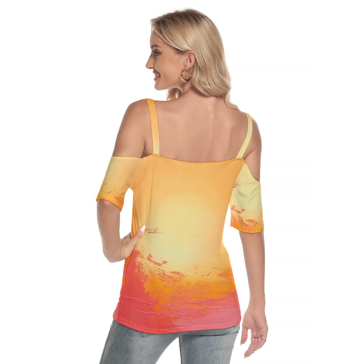 All-Over Print Women's Cold Shoulder T-shirt With Criss Cross Strips