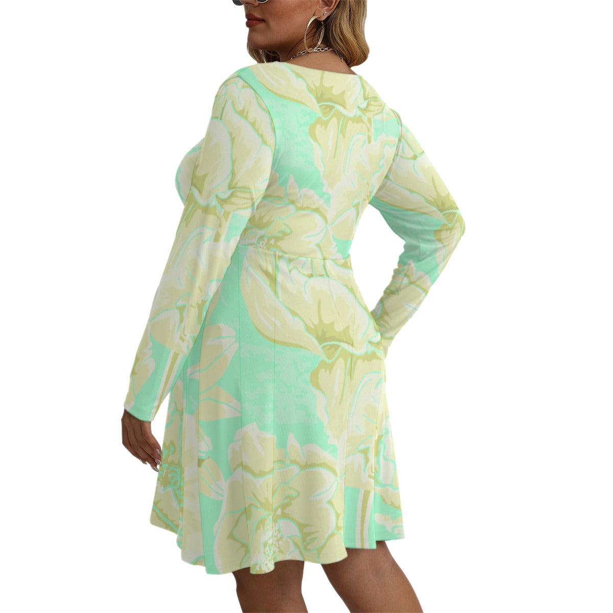 All-Over Print Women's V-neck Long Sleeve Dress(Plus Size)