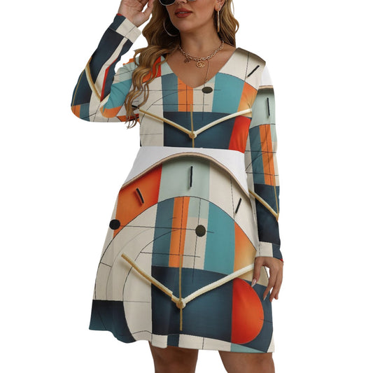 All-Over Print Women's V-neck Long Sleeve Dress(Plus Size)