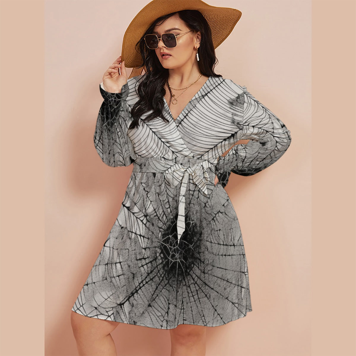 All-Over Print Women's V-neck Dress With Waistband(Plus Size)