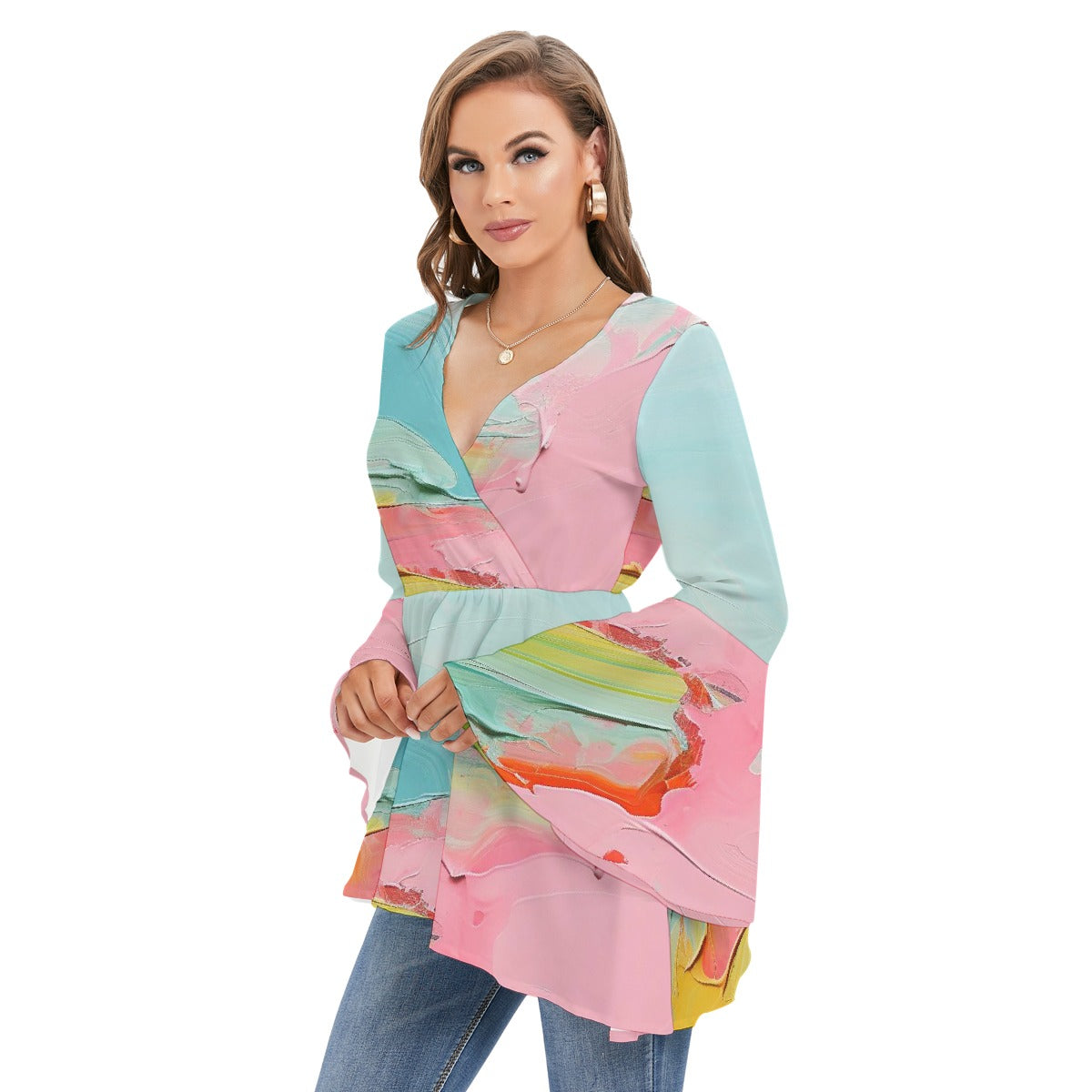 All-Over Print Women's V-neck Blouse With Flared Sleeves