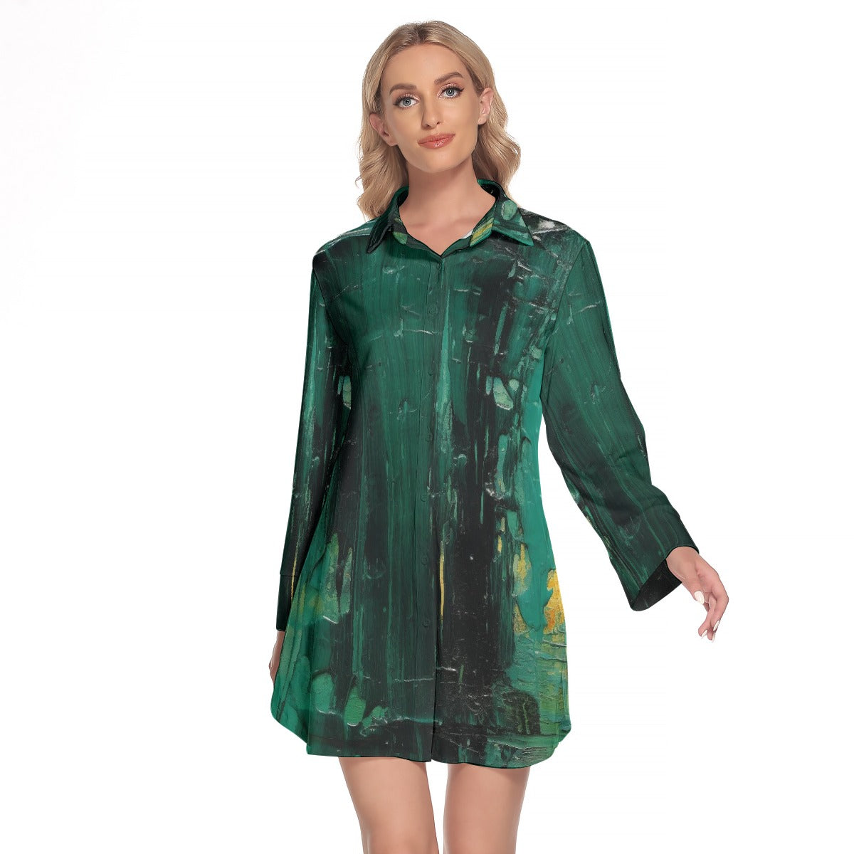 All-Over Print Women's Lapel Shirt Dress With Long Sleeve