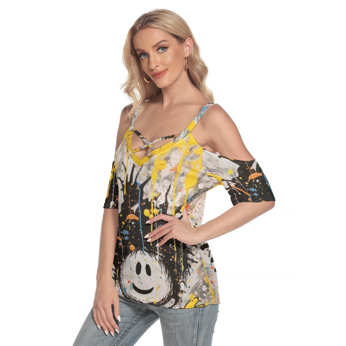 All-Over Print Women's Cold Shoulder T-shirt With Criss Cross Strips