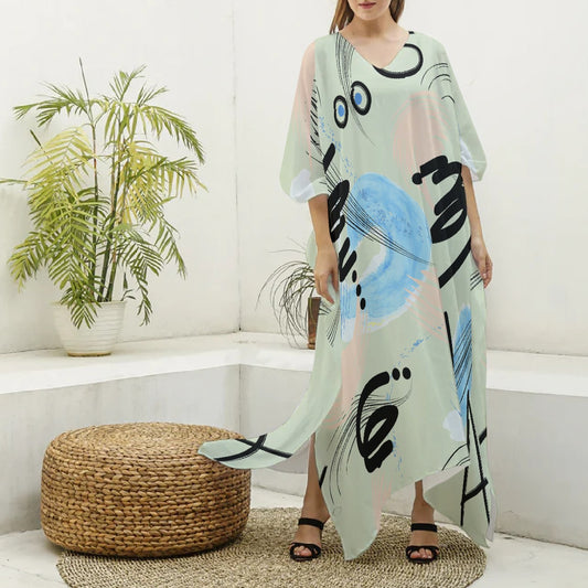 All-Over Print Women's Imitation Silk V-neck Kaftan Robe