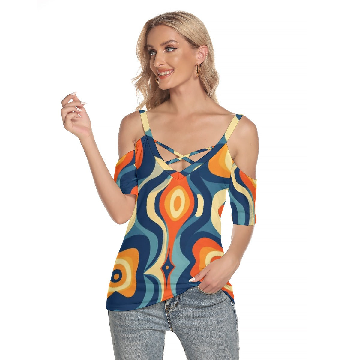 All-Over Print Women's Cold Shoulder T-shirt With Criss Cross Strips