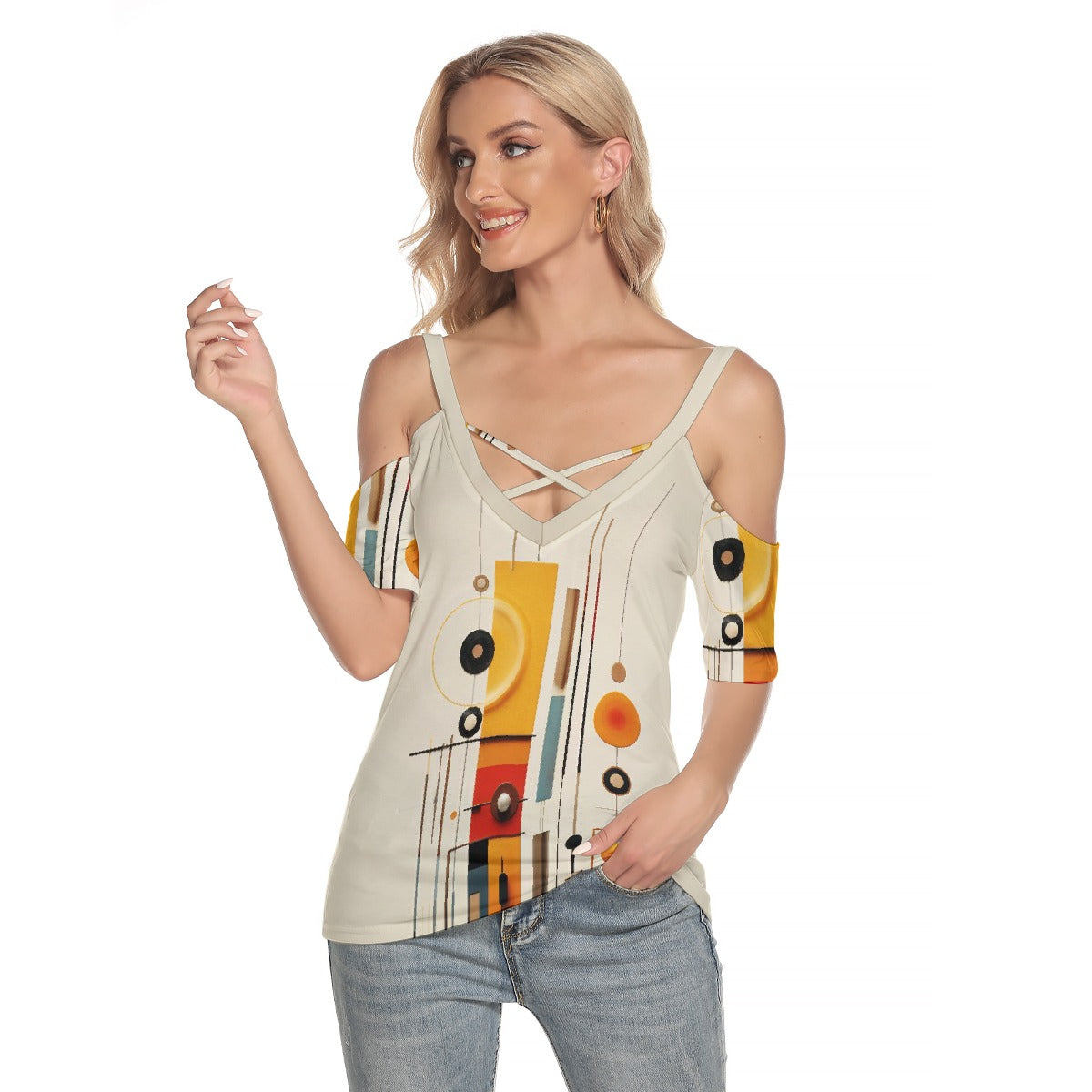 All-Over Print Women's Cold Shoulder T-shirt With Criss Cross Strips