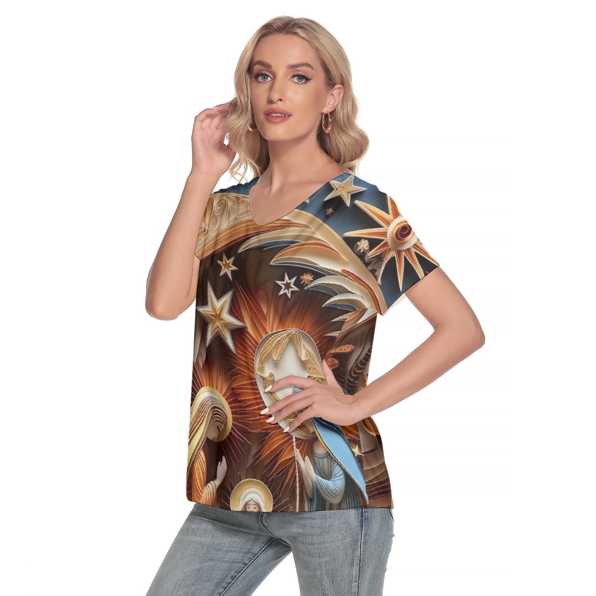 All-Over Print Women's Loose V-neck Short Sleeve T-shirt