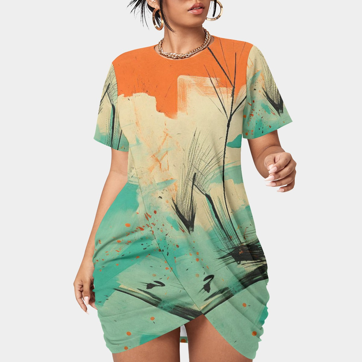 All-Over Print Women’s Stacked Hem Dress With Short Sleeve（Plus Size）