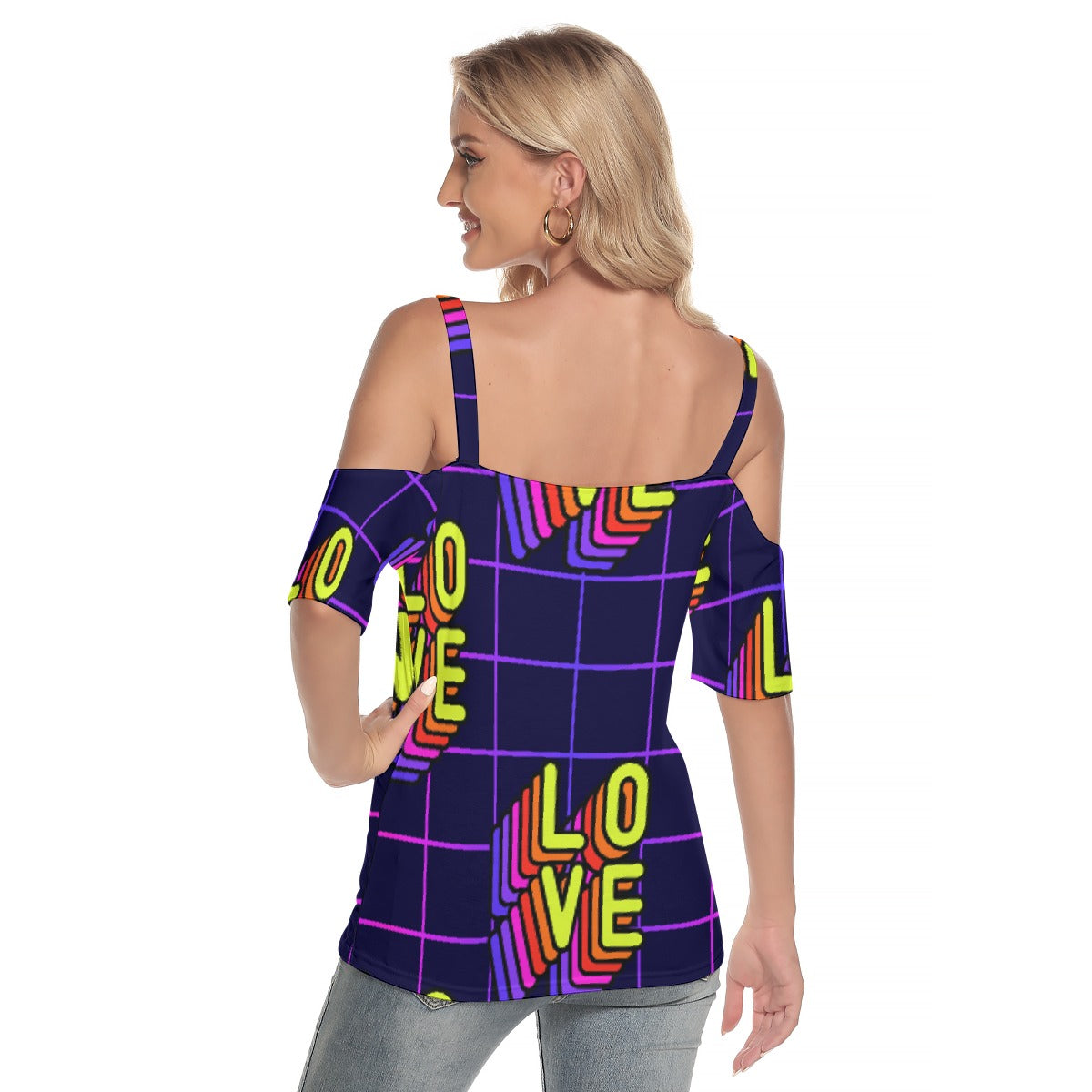 All-Over Print Women's Cold Shoulder T-shirt With Criss Cross Strips