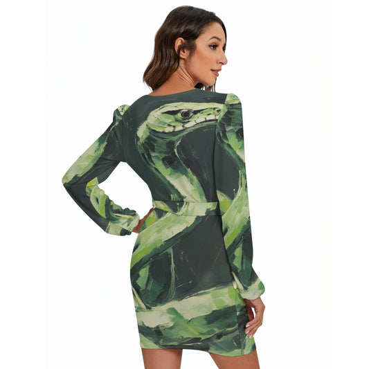 All-Over Print Women's Long Sleeve Dress With Waist Belt