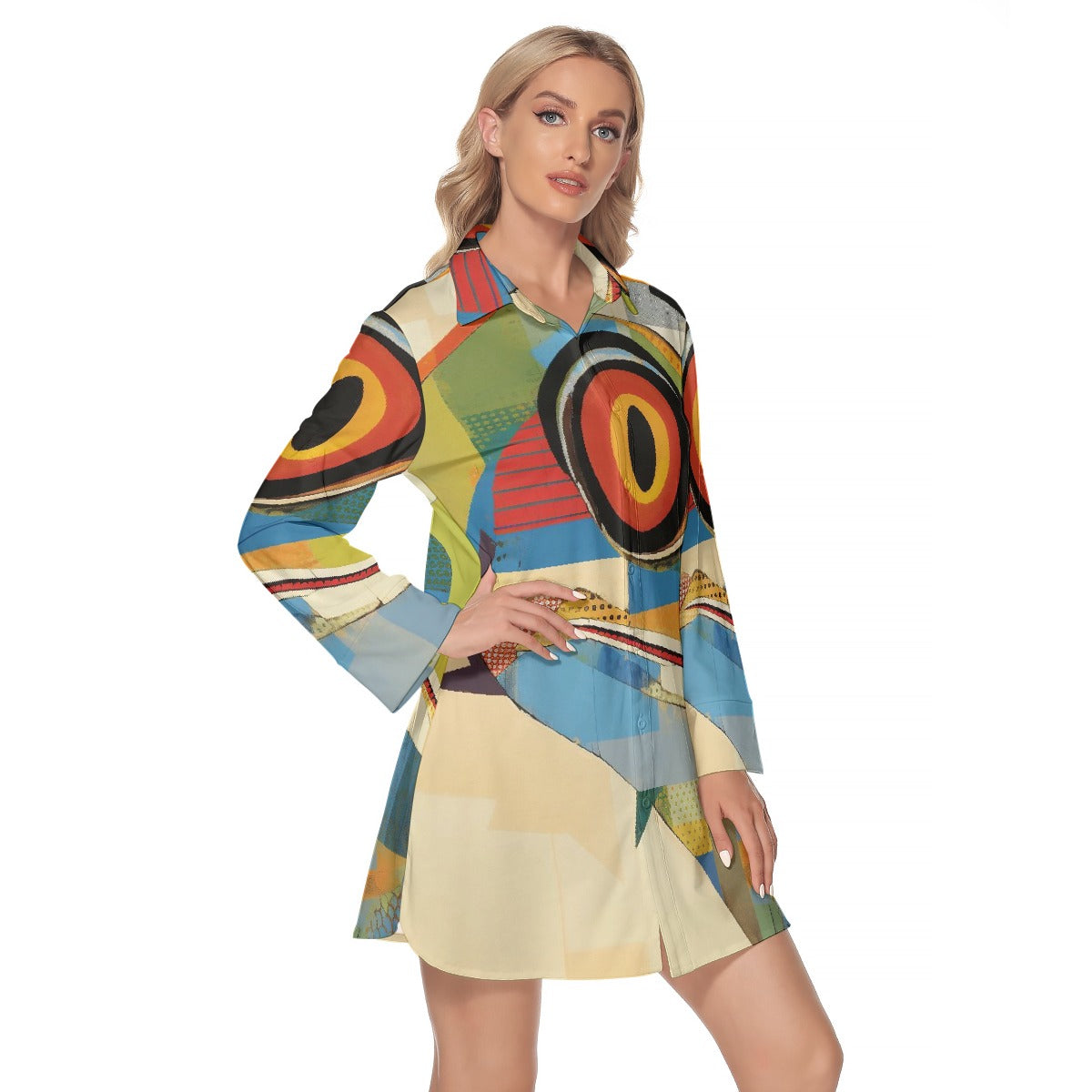 All-Over Print Women's Lapel Shirt Dress With Long Sleeve