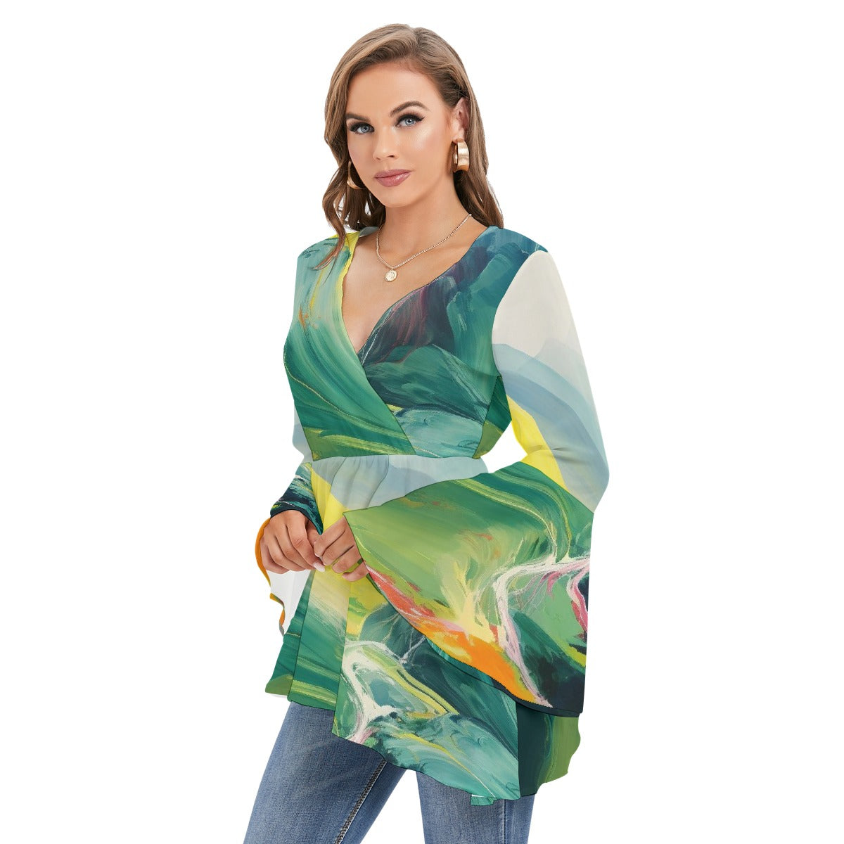 All-Over Print Women's V-neck Blouse With Flared Sleeves