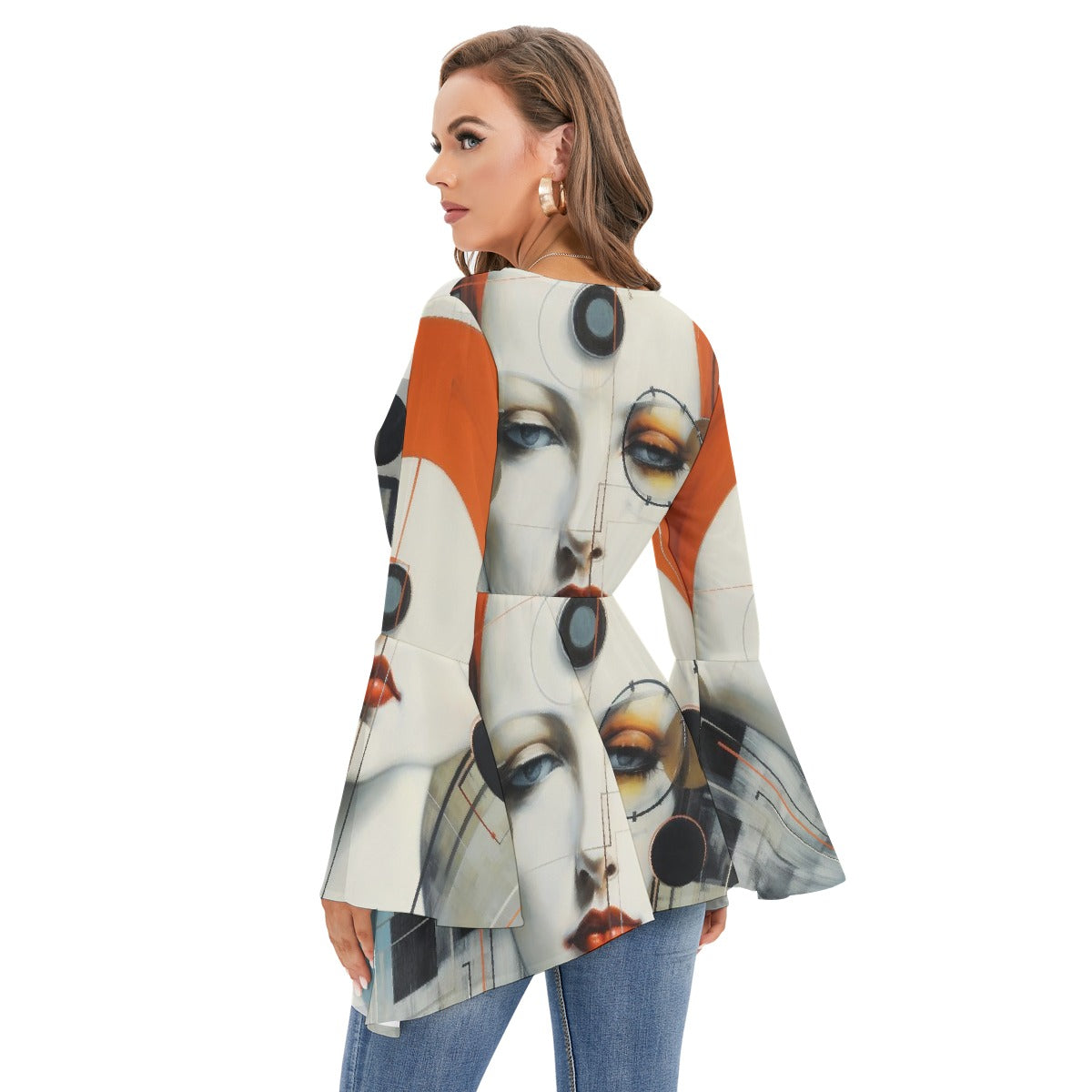 All-Over Print Women's V-neck Blouse With Flared Sleeves