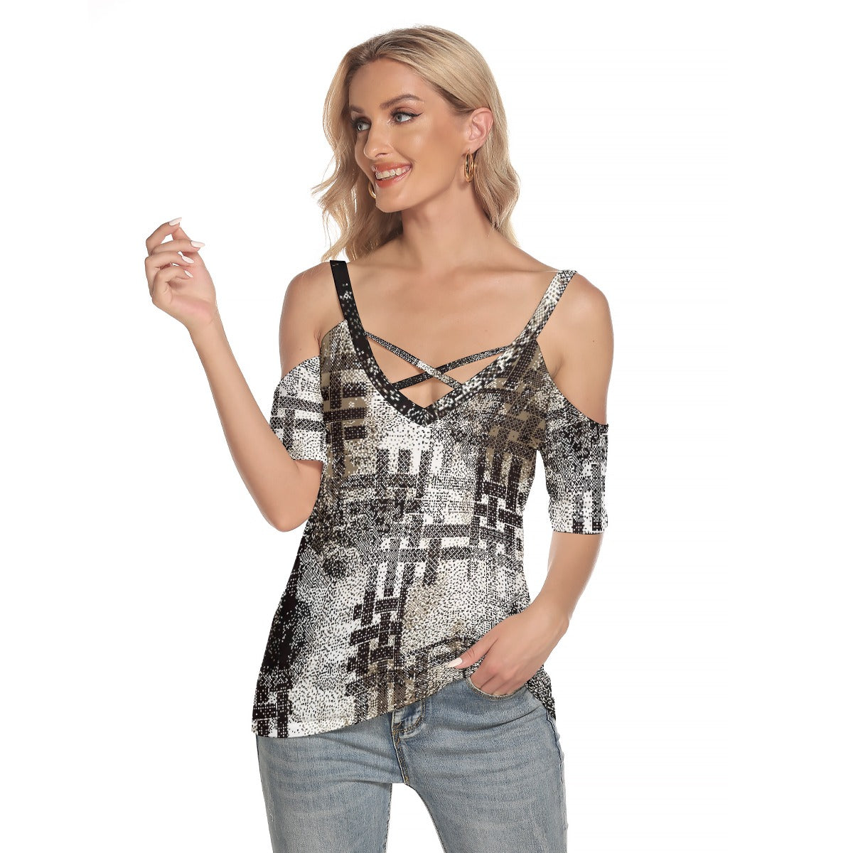 All-Over Print Women's Cold Shoulder T-shirt With Criss Cross Strips